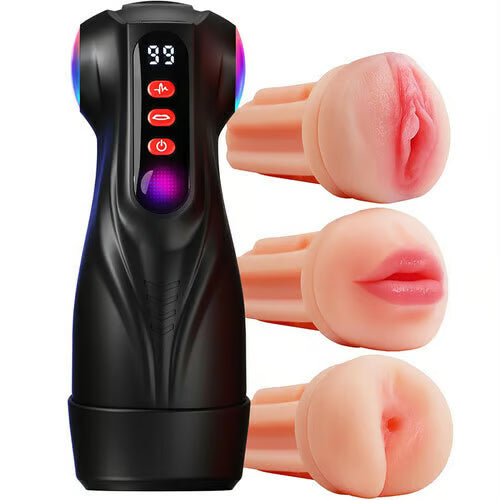 Moški masturbator (model 2026) s tremi zamenljivimi tulci in funkcijo vakuumske črpalke, ki ponuja 9 načinov sesanja in 9 načinov vibracij.