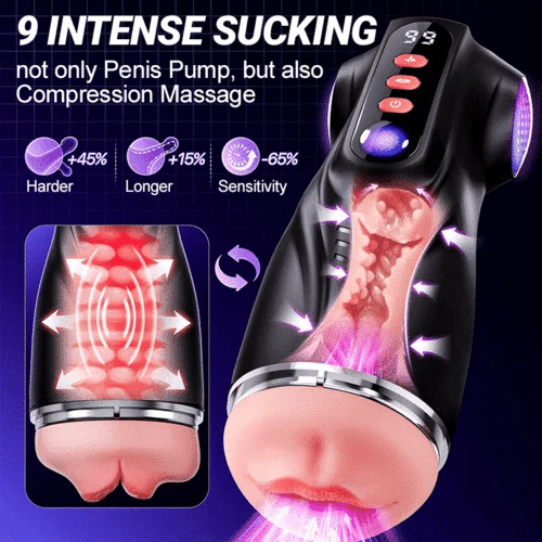Moški masturbator (model 2026) s tremi zamenljivimi tulci in funkcijo vakuumske črpalke, ki ponuja 9 načinov sesanja in 9 načinov vibracij.